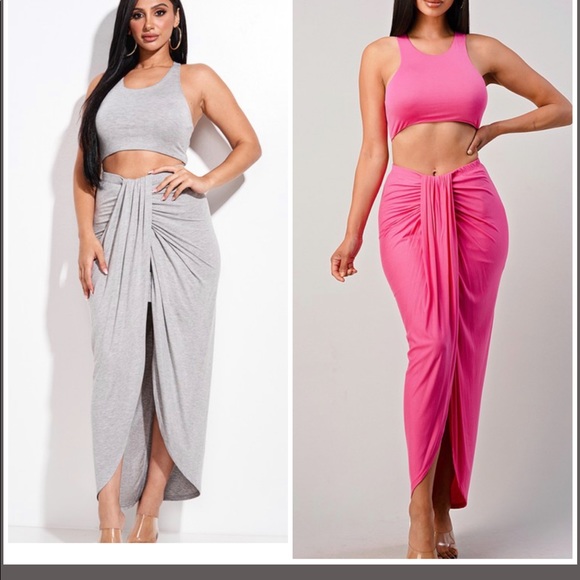spandex cropped top and ruched midi skirt 2pcs set - Picture 3 of 8